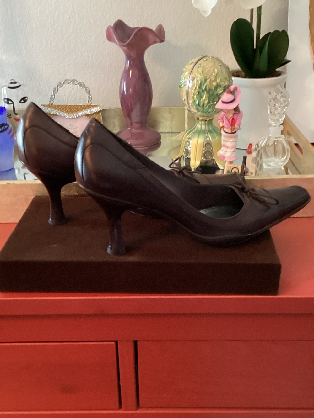 BCBG Dark Brown Leather Square Pointed-Toe Pumps - Picture 5 of 8